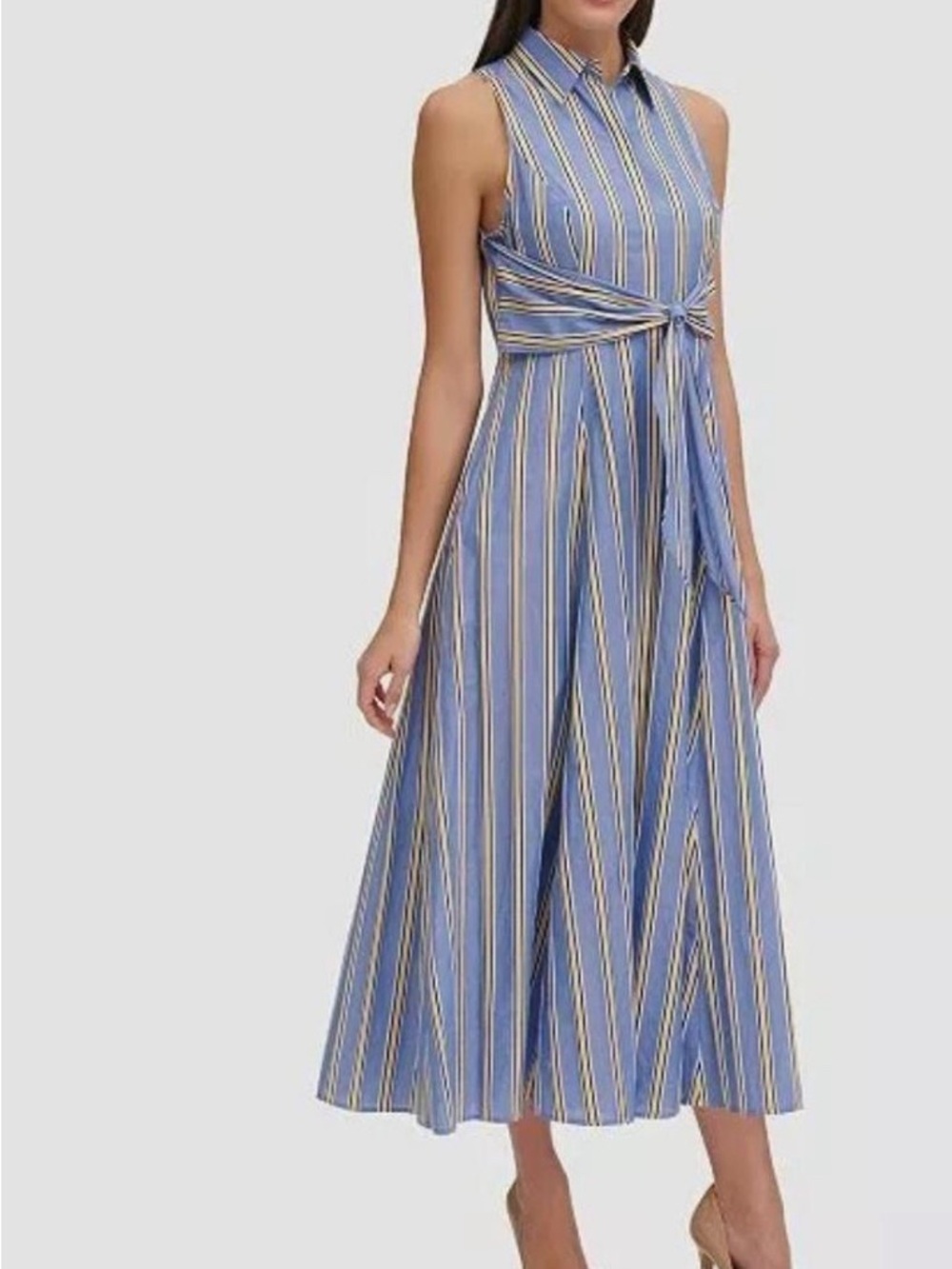 Tommy Hilfiger Blue and White Striped Tie-Waist Sleeveless Midi Dress